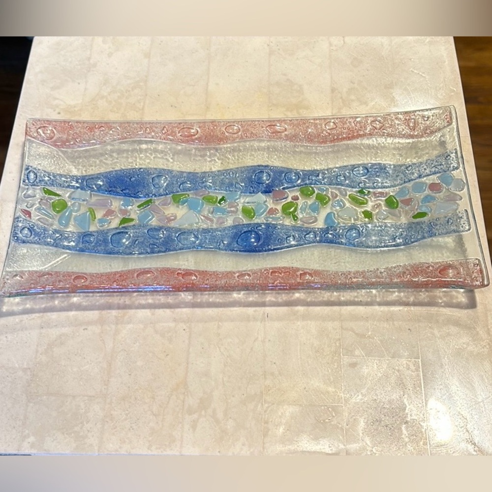 Multicolor Rectangular Textured Bent Fused GLASS Serving Trinket Decorative TRAY